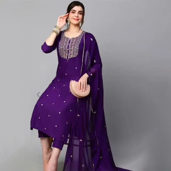 Kala Women's Violet Cotton Blend Embroidered Straight Kurta With Trouser & Dupatta